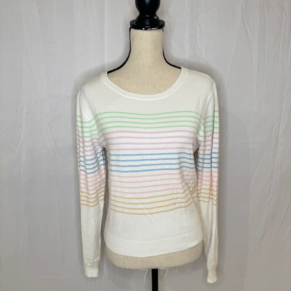 Storia White Pastel Stripped Lightweight Pullover Sweater